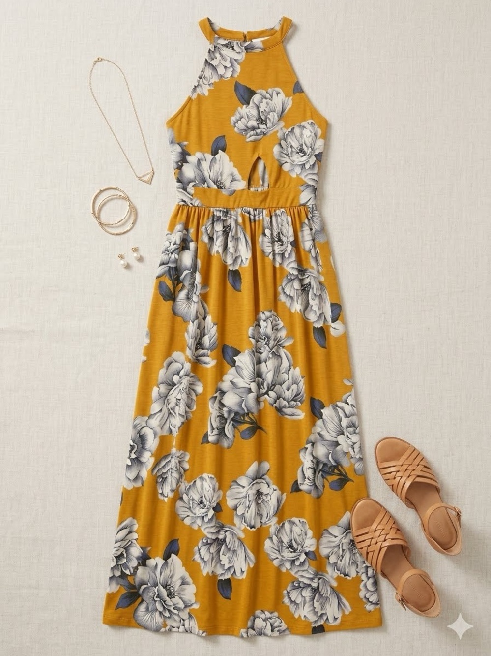 Mustard Floral Halter Maxi Dress